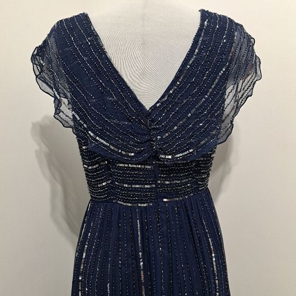 Patra Silk Elegant Sequin Beaded V Neck Party Maxi Dress Size 12 Navy - Picture 12 of 17